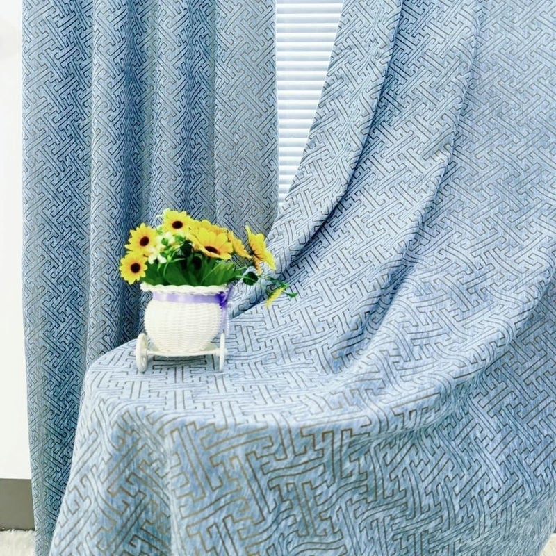 MYRU 2 Panels Set Pair Chenille Curtains Semi-Blackout Geometric Modern Curtains for Living Room Bedroom (2 x 52 x 96 Inch,Blue and Gold) - Image 2